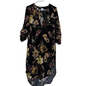 NWT Cupio Black Floral  High Low 3/4 Sleeve W/ Buttons V-Neck Shirt Dress Size L